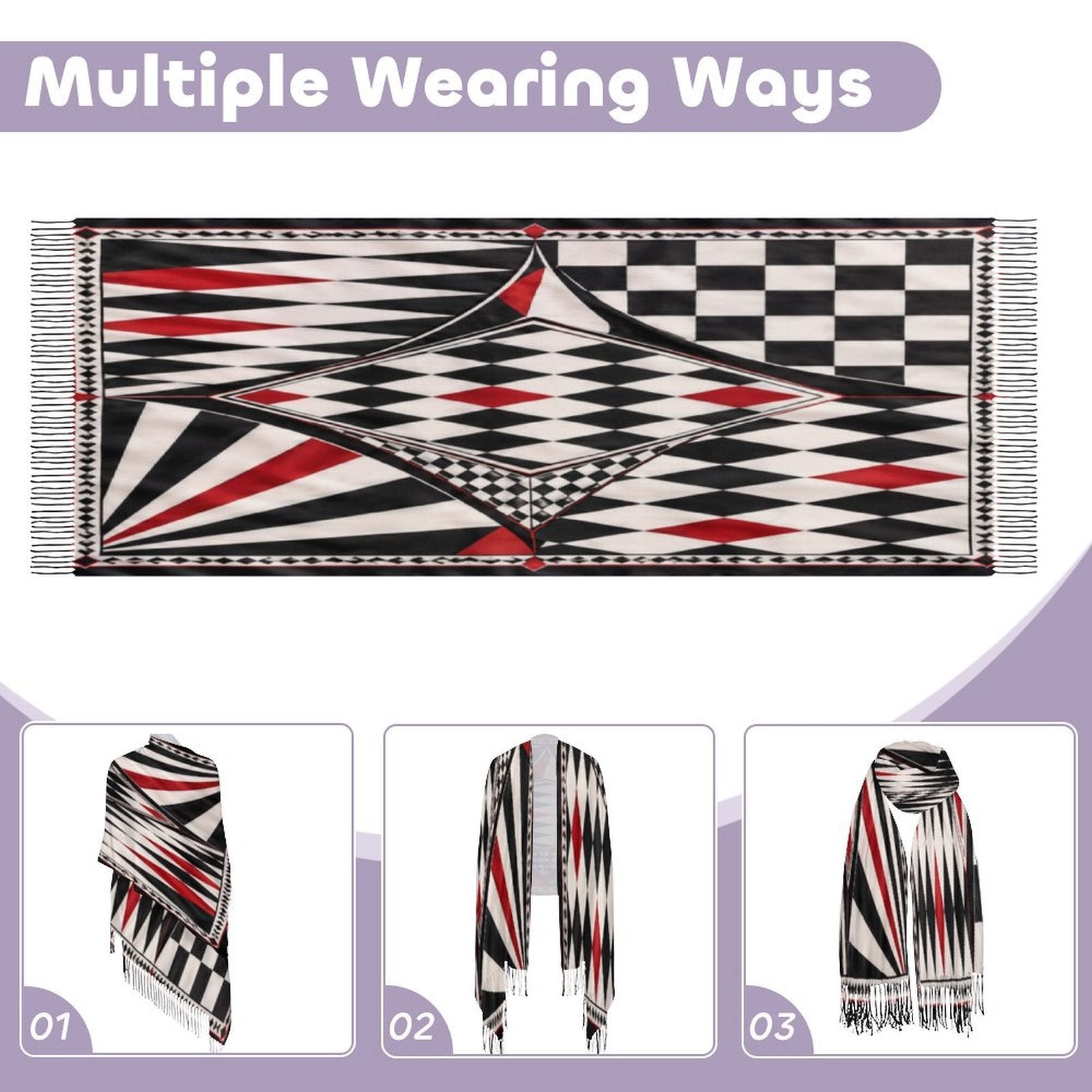 Rich and Rich Harlequin Couture Women’s Tassel Scarf | Soft Designer Imitation Cashmere Fashion Wrap