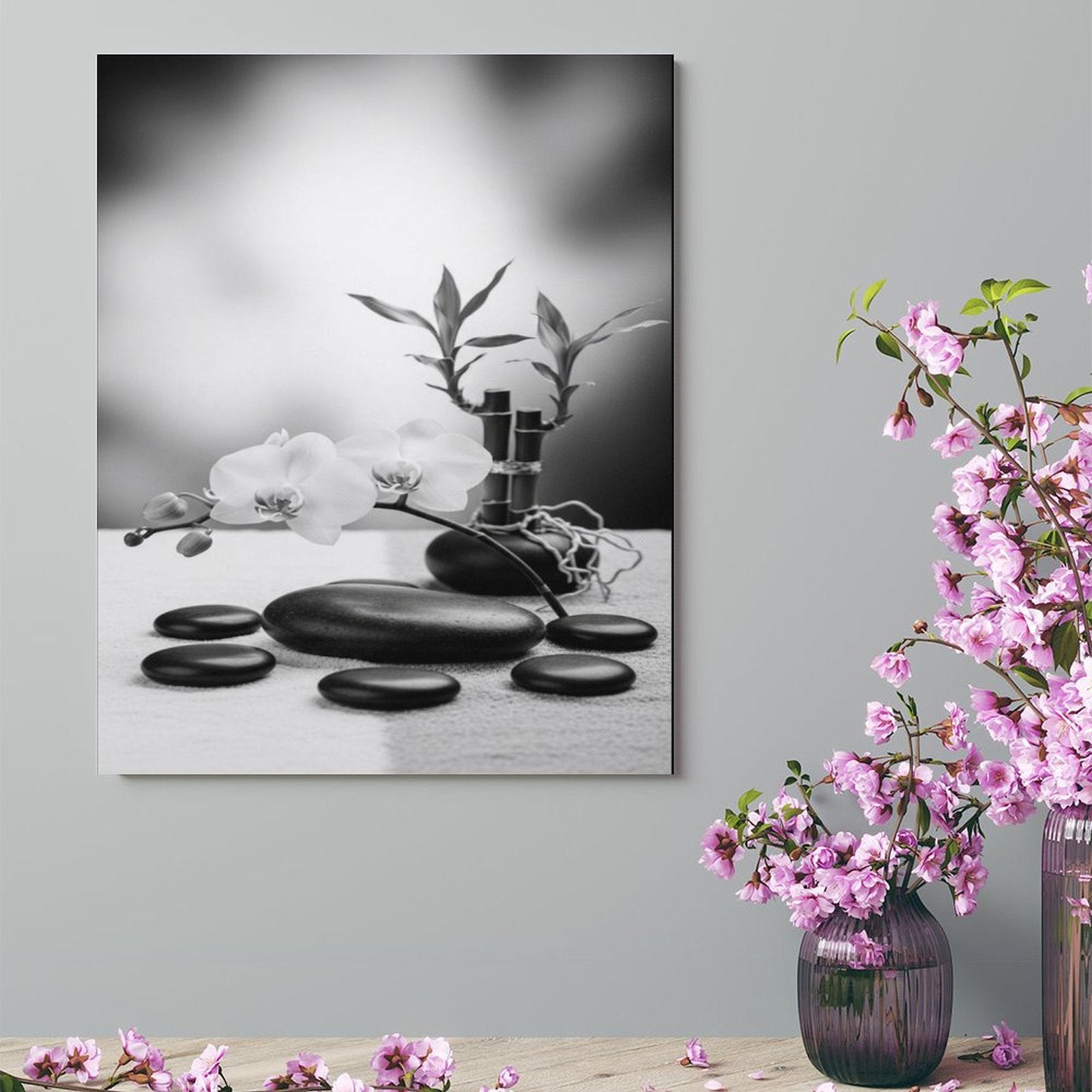 Rich and Rich Black and White Vertical Canvas Print 20x16 hung on wall
