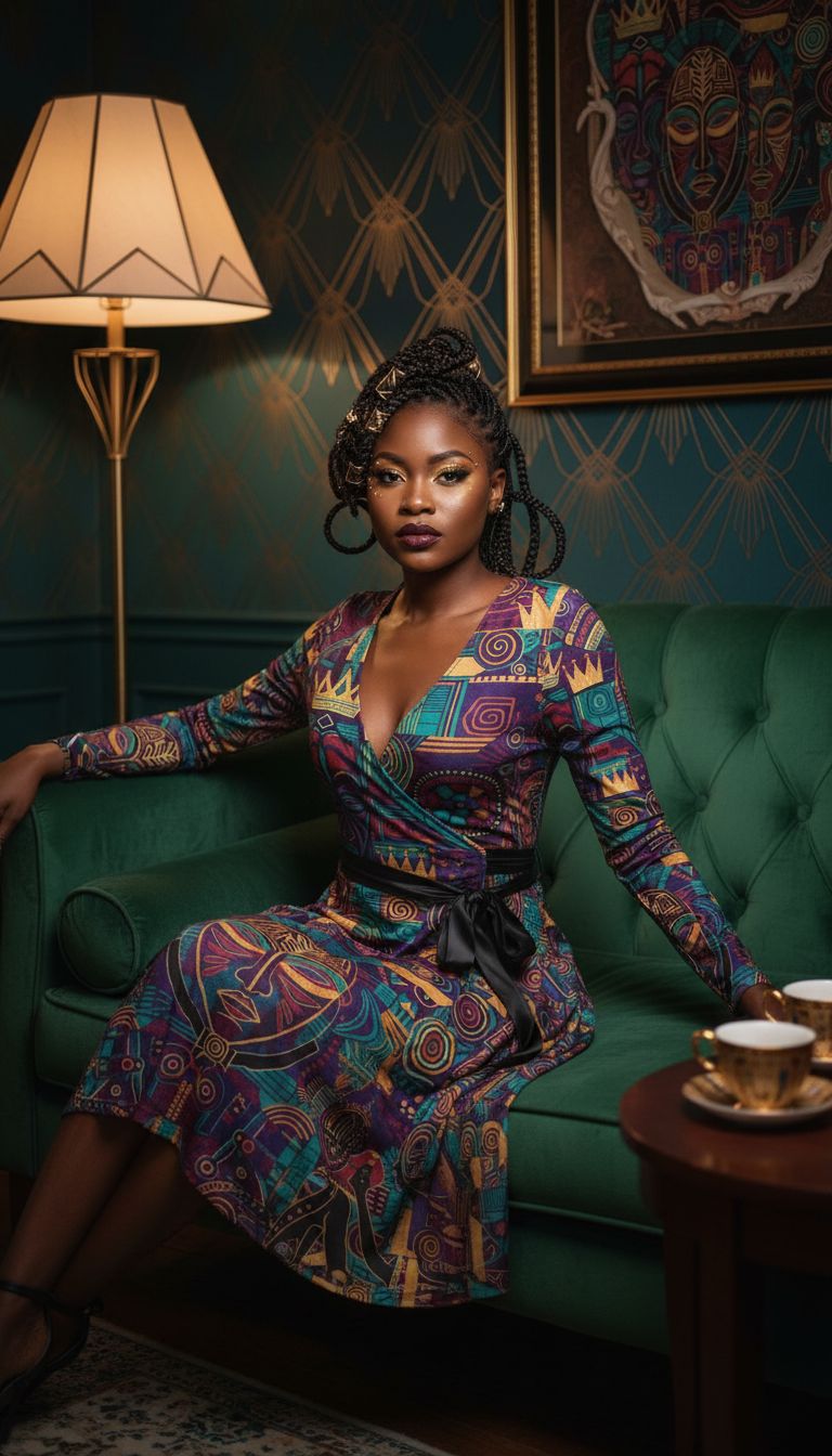 Multicolor African print wrap dress with long sleeves, V-neck and belt tie — side view
