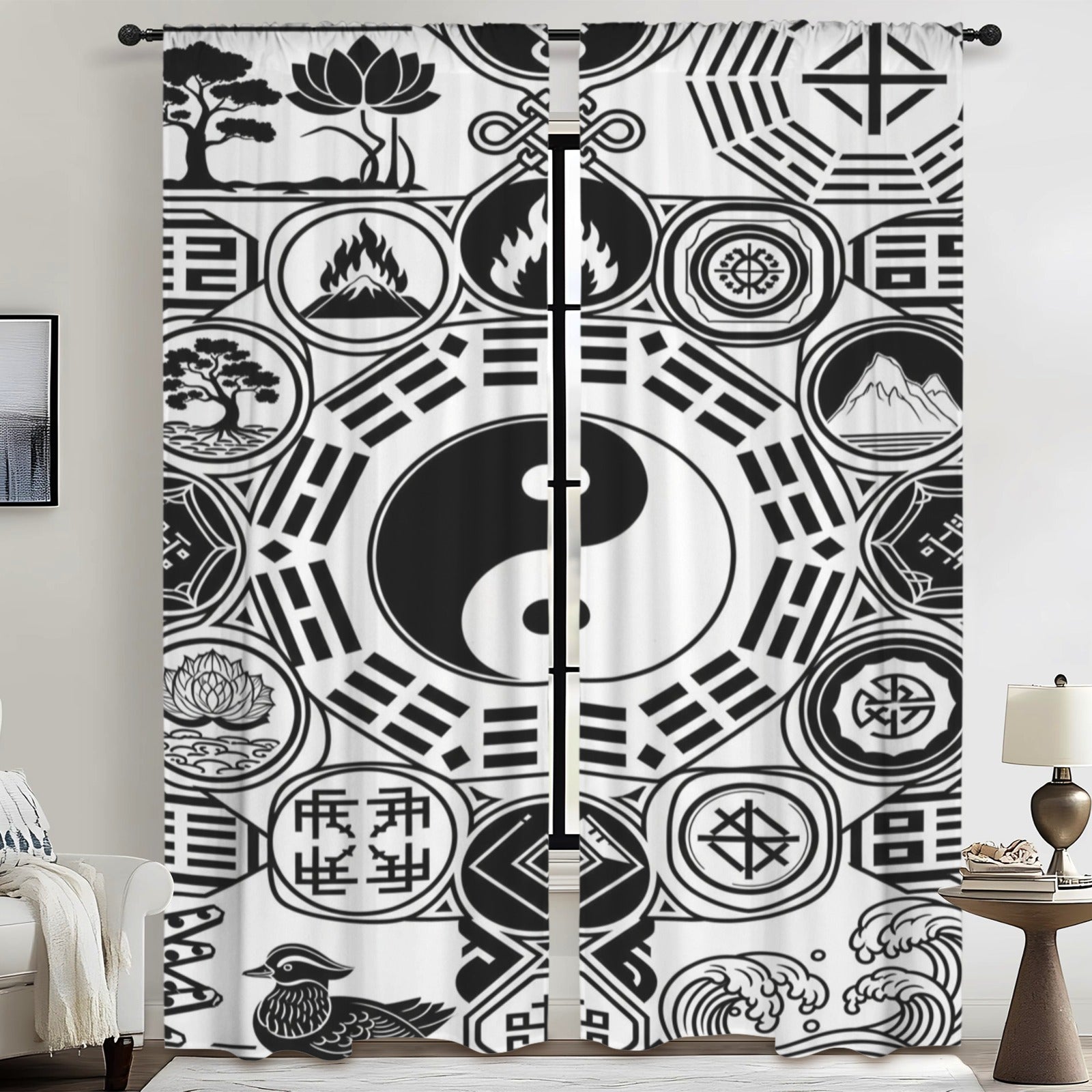 Rich and Rich Feng Shui black and white floor-to-ceiling curtains hanging in a modern living room