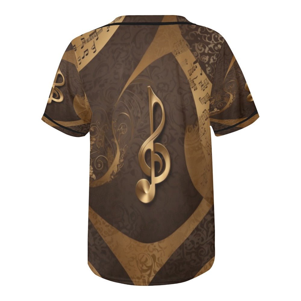 Baseball jersey with gold leopard and musical notes all-over print and full-button front — rear view