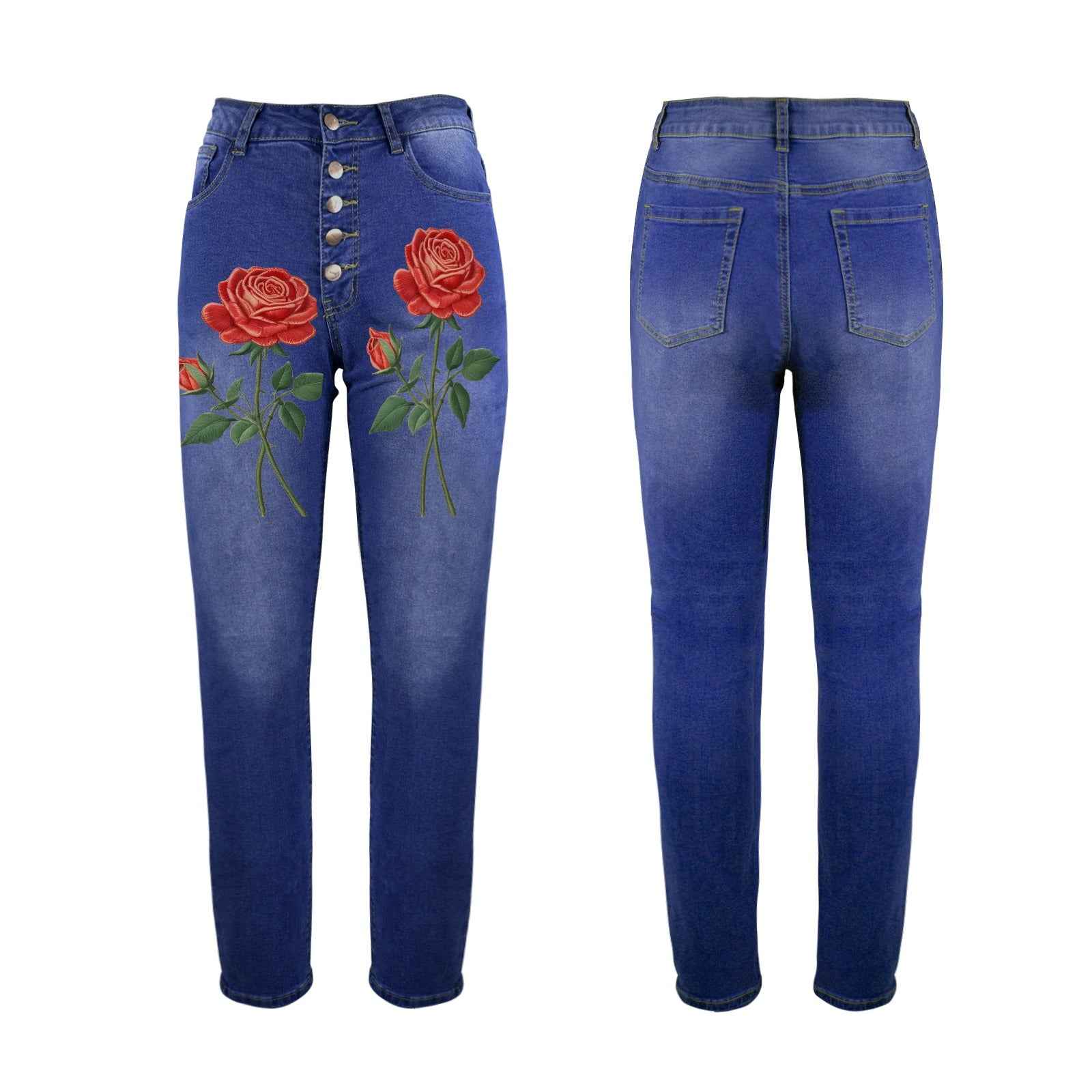 Women's high-waist jeans with red roses front print and five-button zip closure — side view