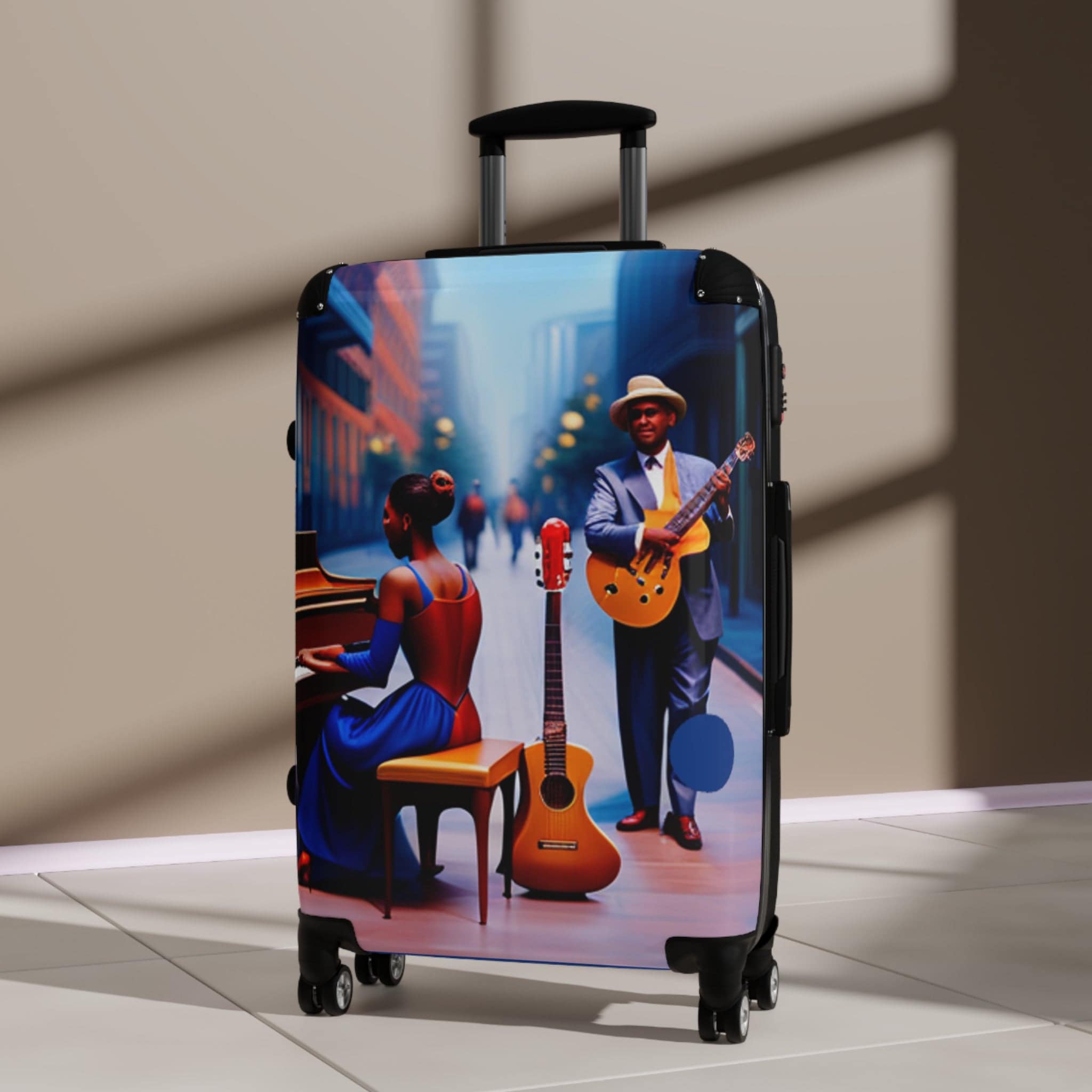 Rich and Rich Blue Caricature Jazz Suitcase with adjustable handle and 360-degree wheels