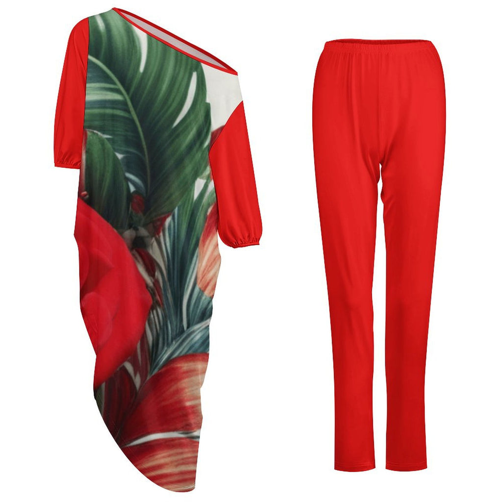 Women's off shoulder two-piece set featuring a diagonal shoulder top and matching trousers in soft fabric