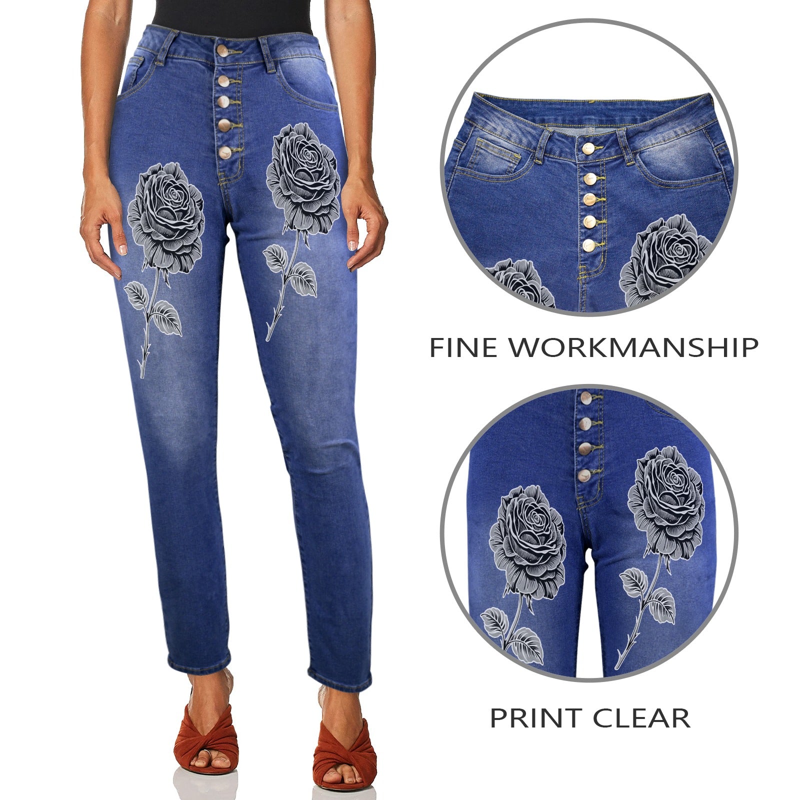 Rich and Rich Black Shadow Rose high waist women's jeans with five-button closure