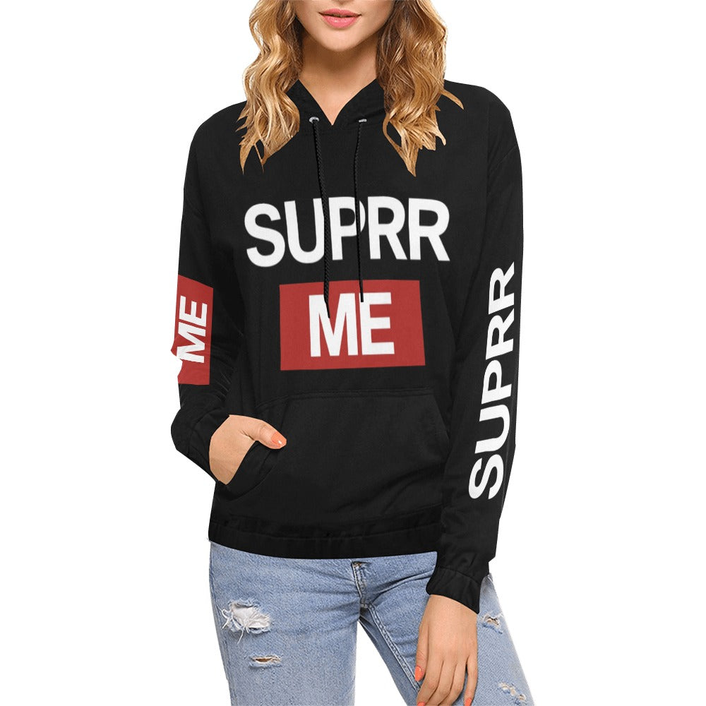 Rich and Rich SUPRR ME Women's Black Hoodie front view on model