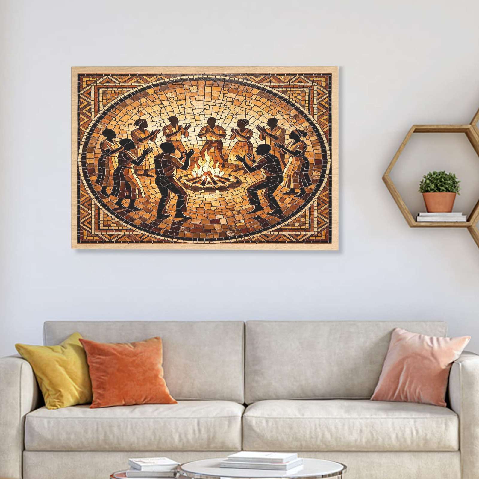 1000-piece wooden mosaic puzzle of figures dancing under firelight, warm tones — additional view 6