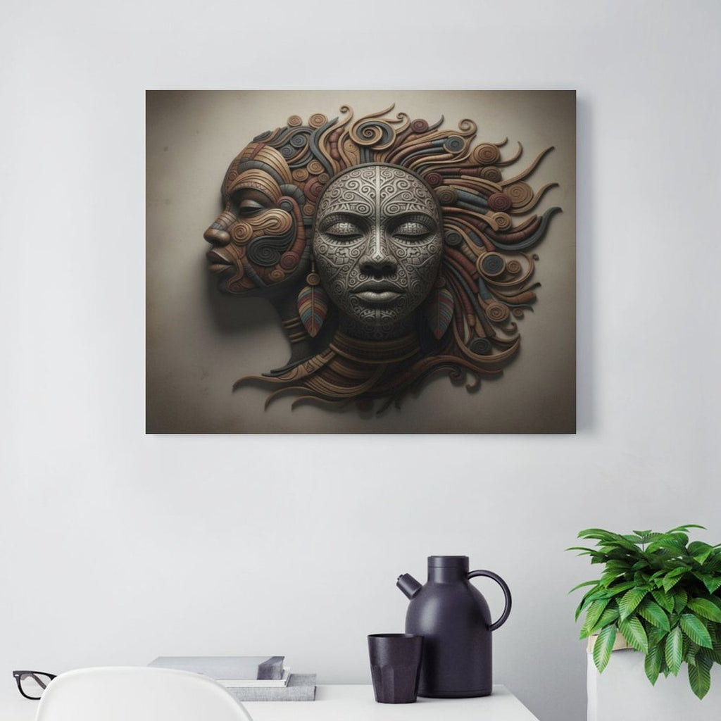 Rich and Rich Faces 16x20 framed canvas print featuring earthy tones and abstract face artwork