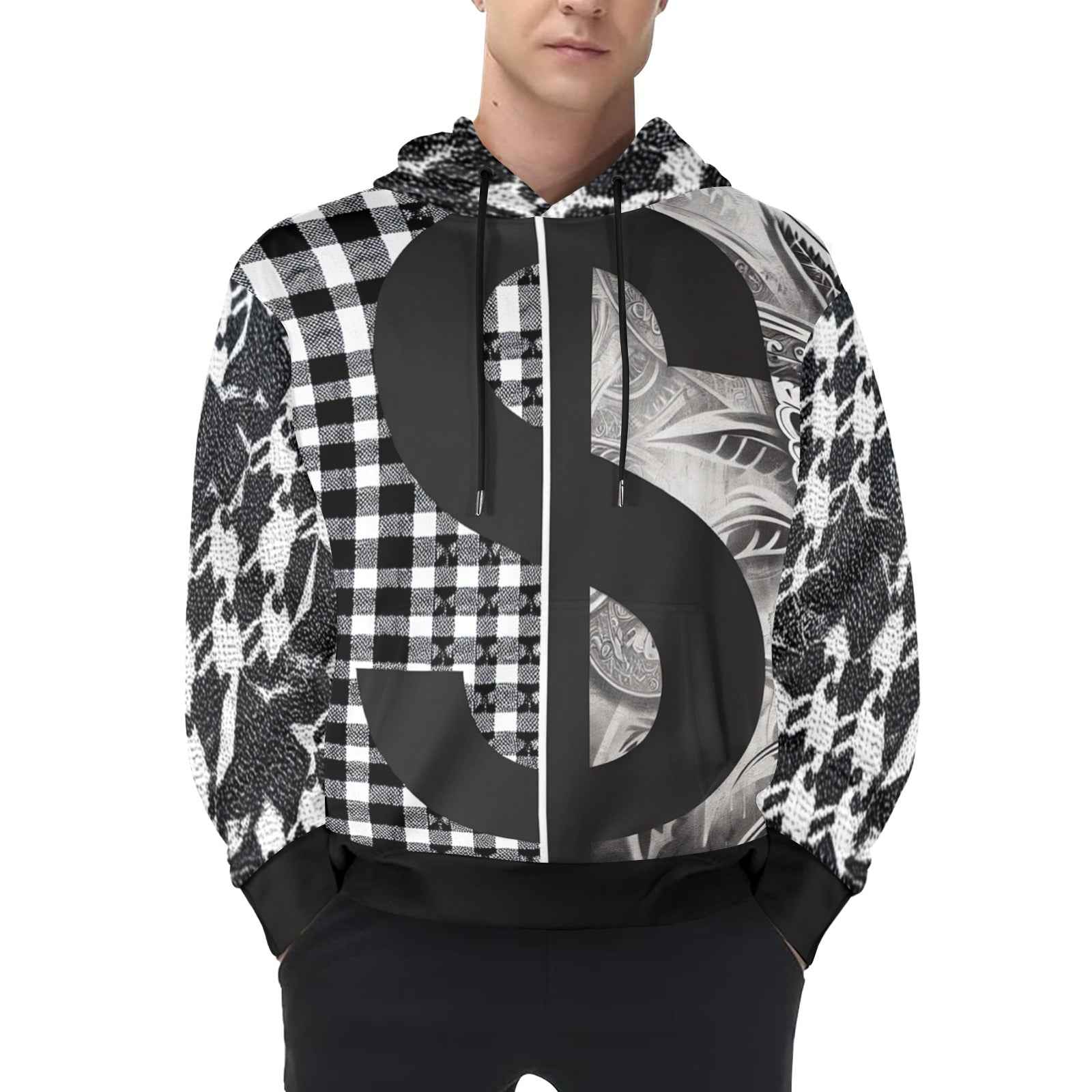 Black and white checkerboard men's hoodie with drawstring hood and kangaroo pocket