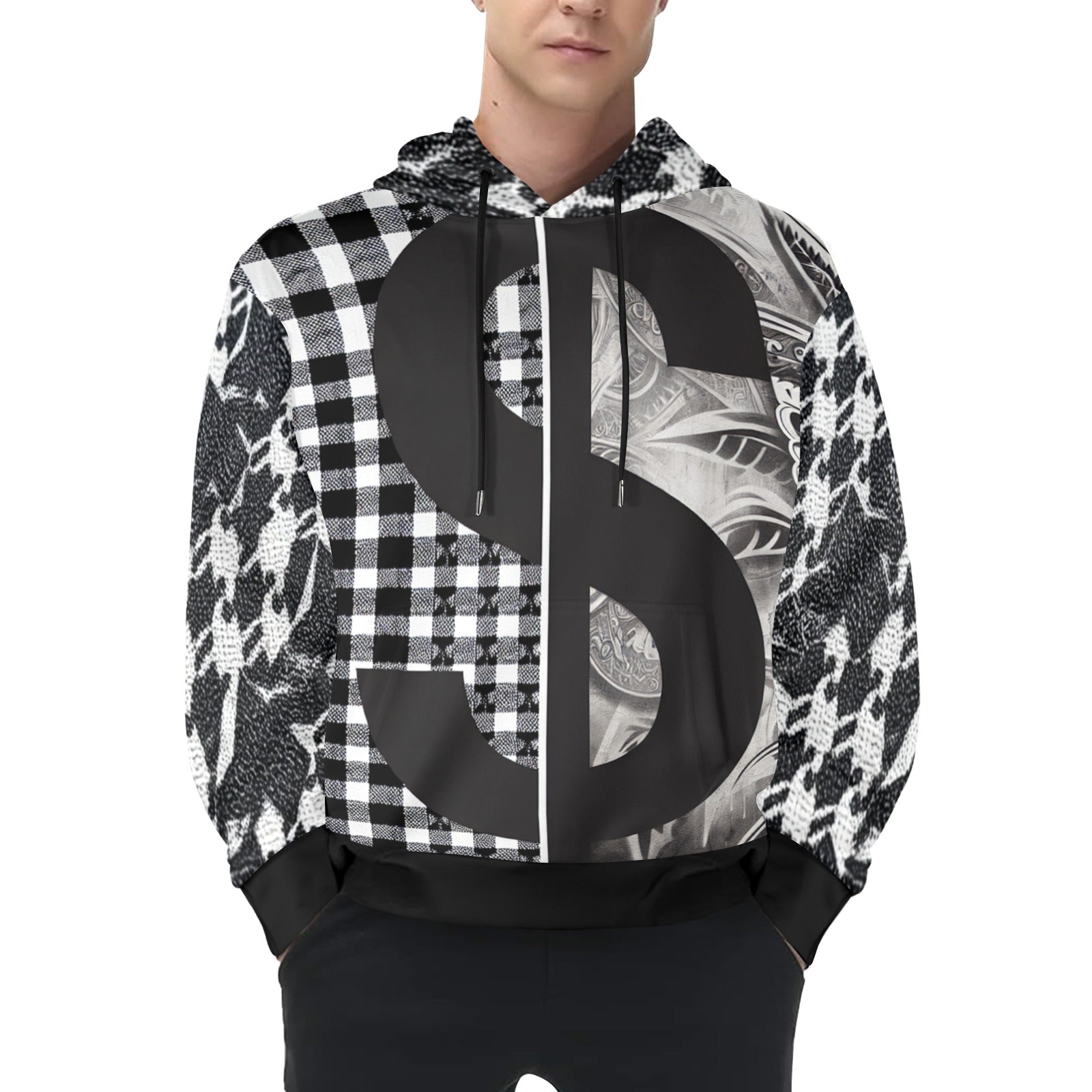 R&RH Black and White Checker Men's Long Sleeve Hoodie with drawstring hood and kangaroo pocket