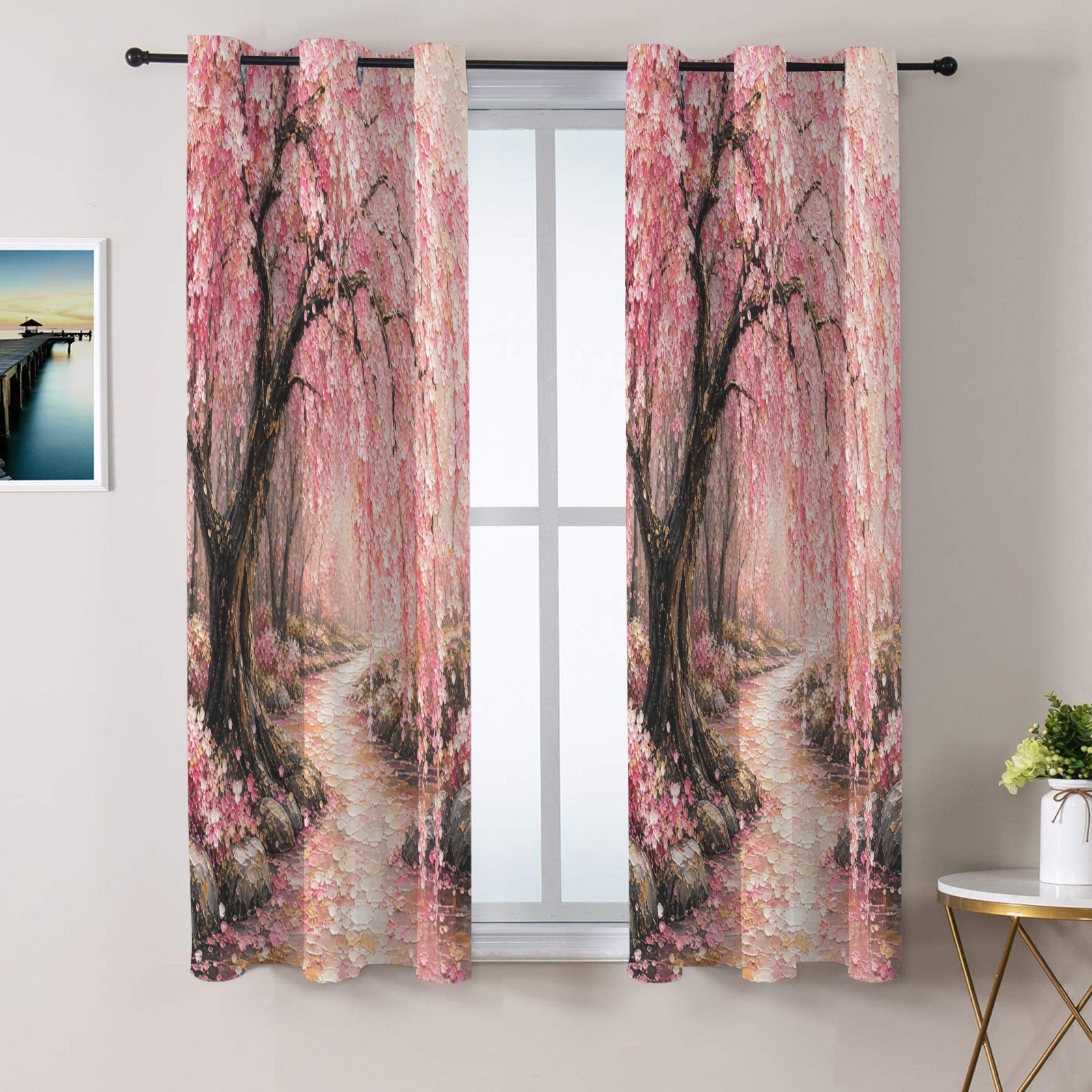 Japanese Cherry Blossom Blackout Fabric Grommet Curtain 43 x 63 inch (Set of 2)