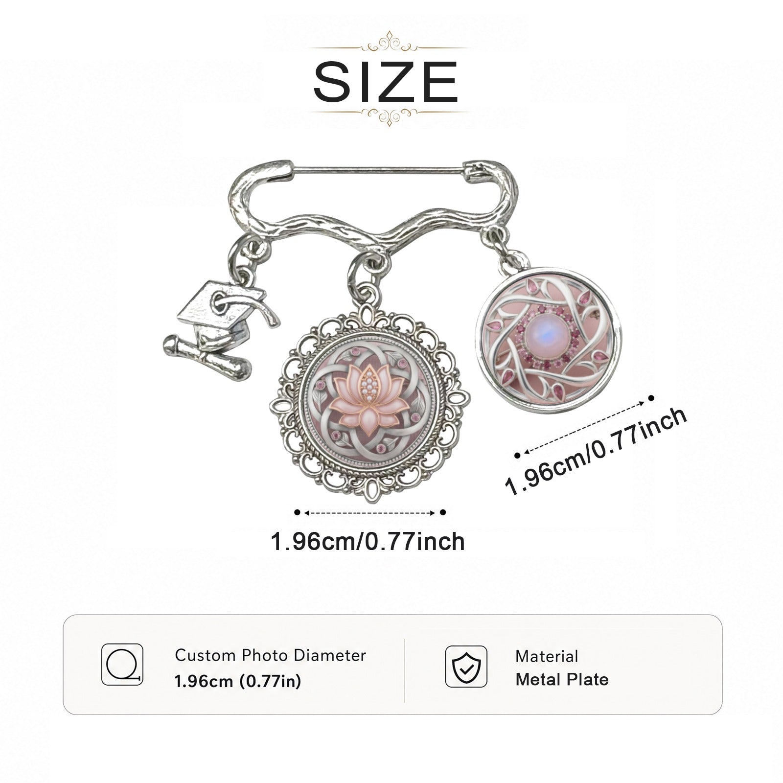Pink Serenity themed double round photo charm brooch with a graduation cap charm — alternate view