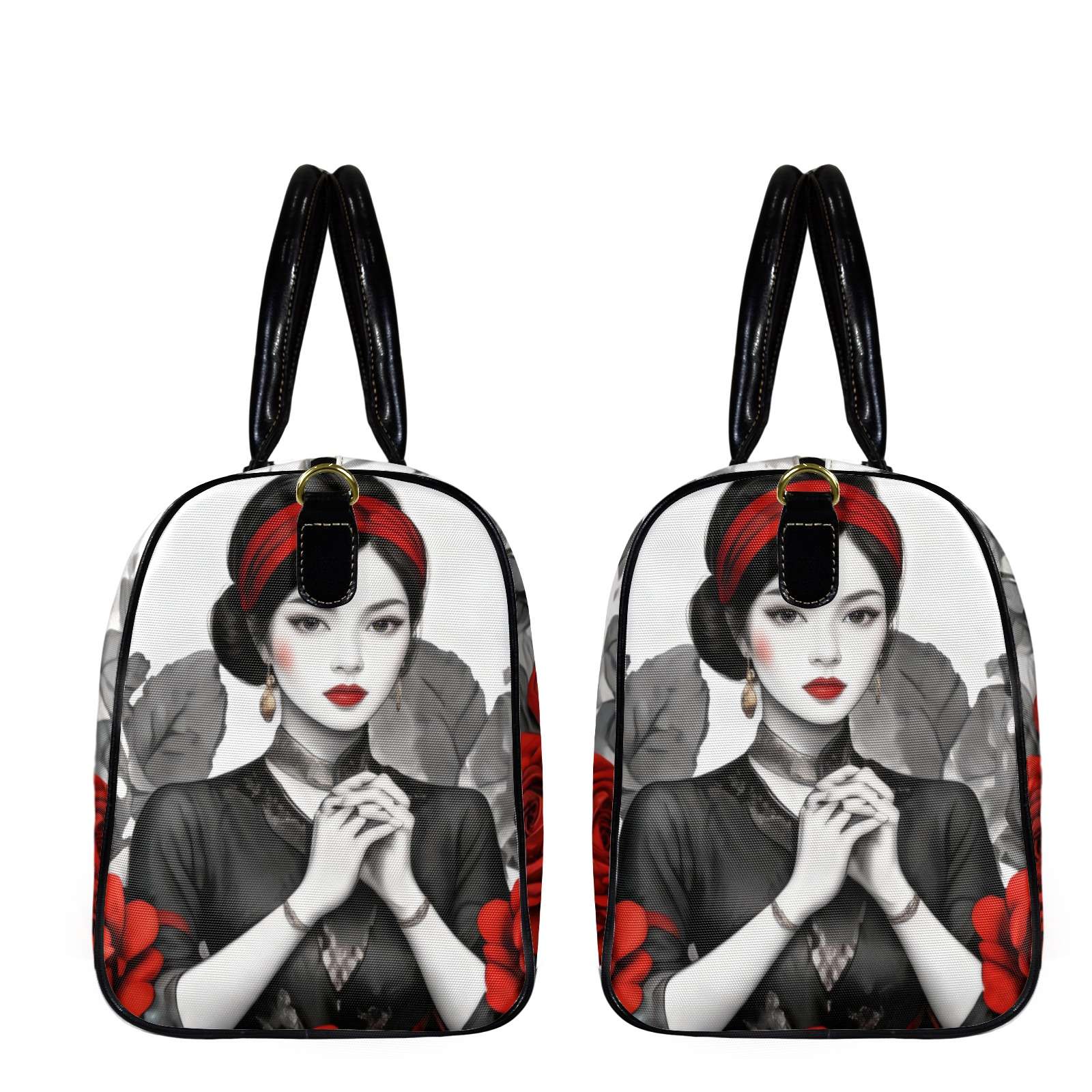 Red roses printed large travel duffle with PU leather handles and adjustable shoulder strap — additional view 9