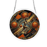 Round acrylic jigsaw ornament with Steel Heart Hoops basketball artwork and metal hanging chain — product detail