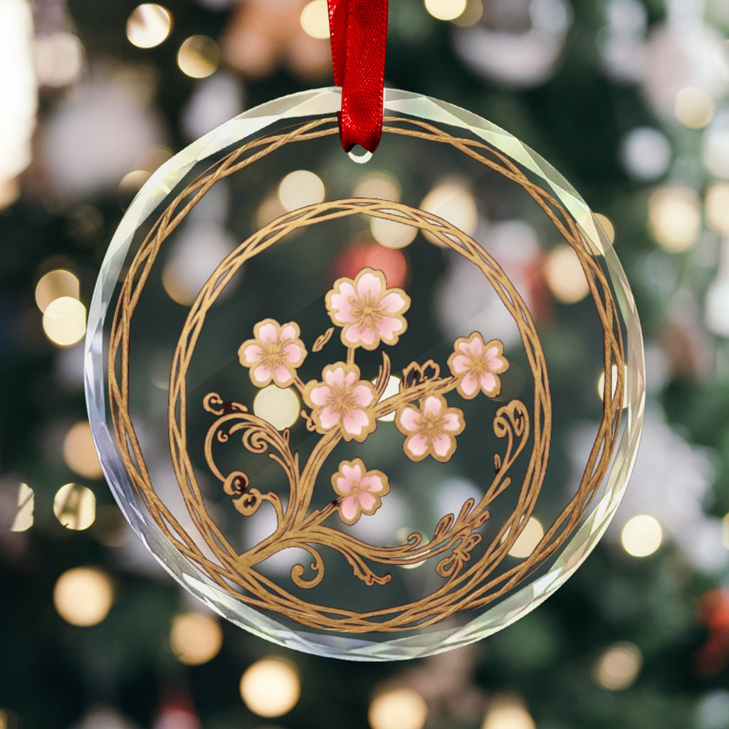 Rich and Rich Japanese Cherry Blossom Round Crystal Glass Ornament