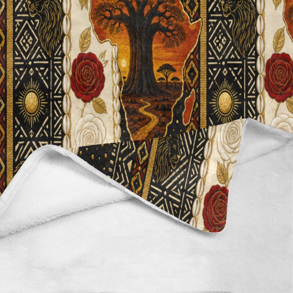 Micro fleece throw with Baobab sunset and tribal patterns in earth tones, 50 by 70 inches — side view