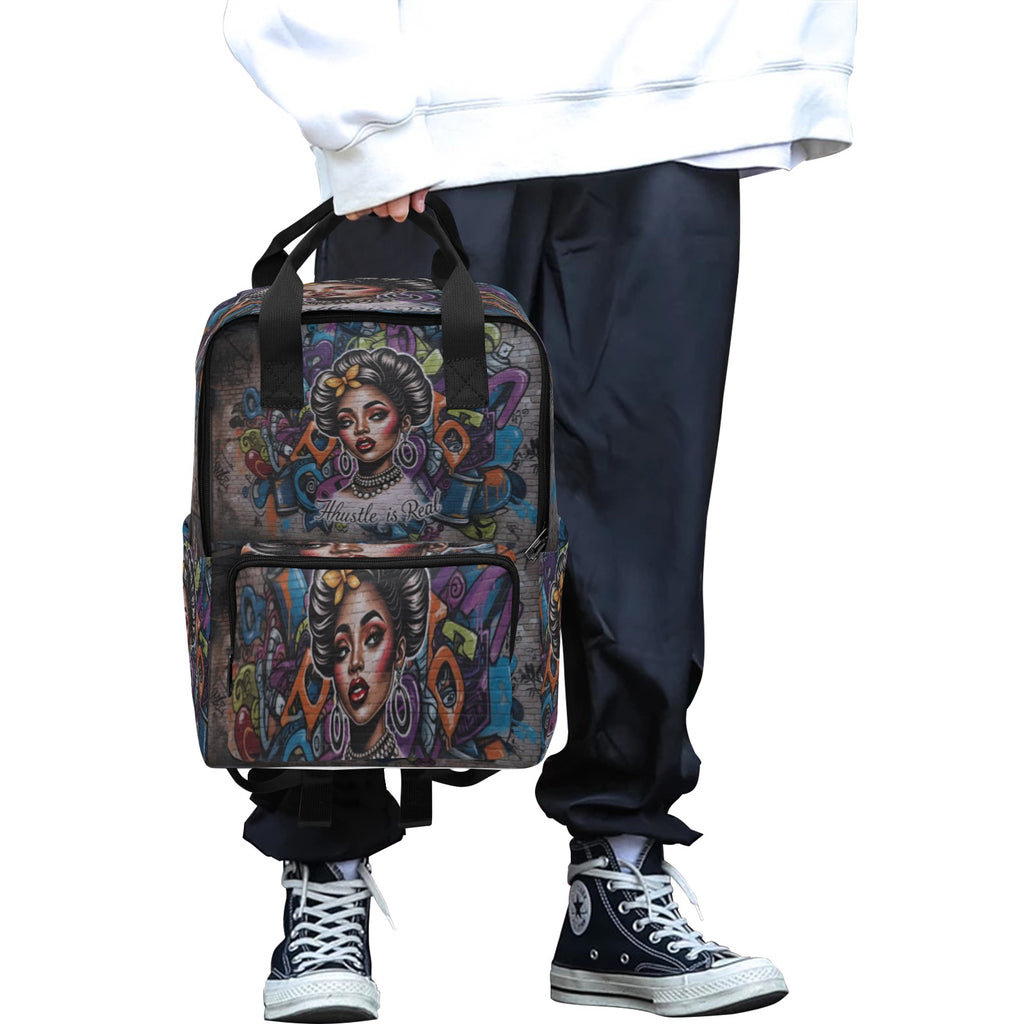Rich and Rich The Hustle Is Real graffiti twin handle backpack in black with colorful street art design