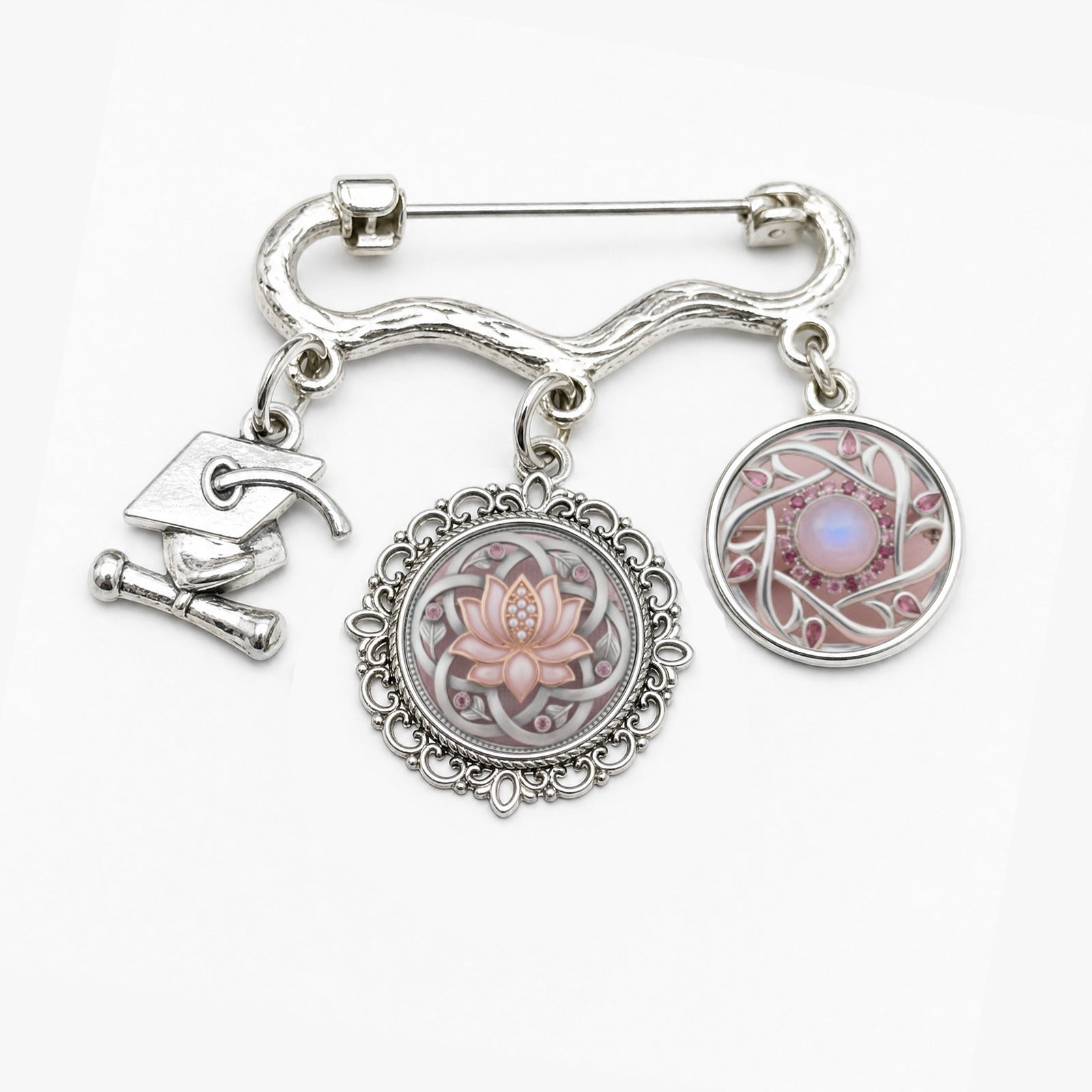 Pink Serenity themed double round photo charm brooch with a graduation cap charm