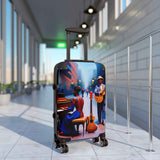 Hard-shell checked suitcase with blue caricature jazz print, telescopic handle, and four double 360° whe — additional view 11