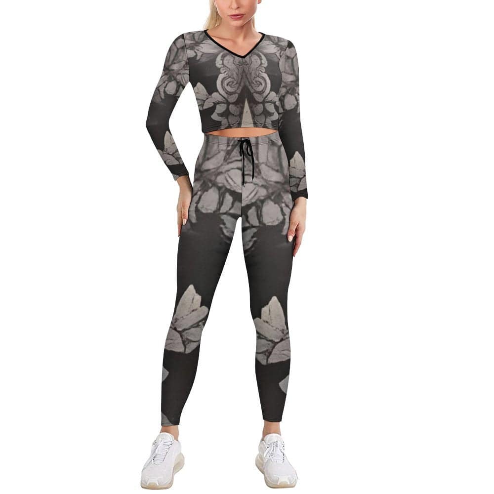 Women's grey long sleeve yoga sweatsuit set with graphic design and stretch fabric — alternate view