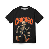 Unisex tee with Chicago skeleton all-over graphic, crew neck and regular fit for festival and streetwear — side view