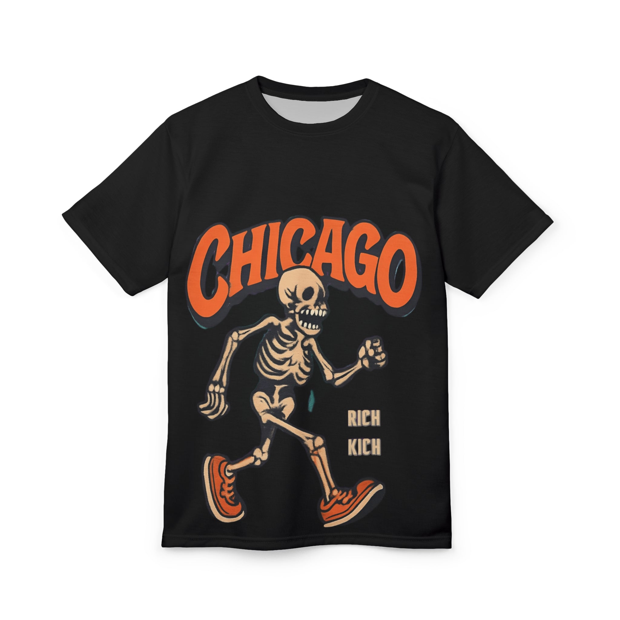 Unisex tee with Chicago skeleton all-over graphic, crew neck and regular fit for festival and streetwear — side view