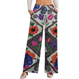 Floral wide-leg women's pants with drawstring waist and two pockets in a cotton-like fabric — alternate view