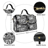 Black-and-white Fly Girl graphic PU leather satchel with top handle and adjustable shoulder strap — additional view 9