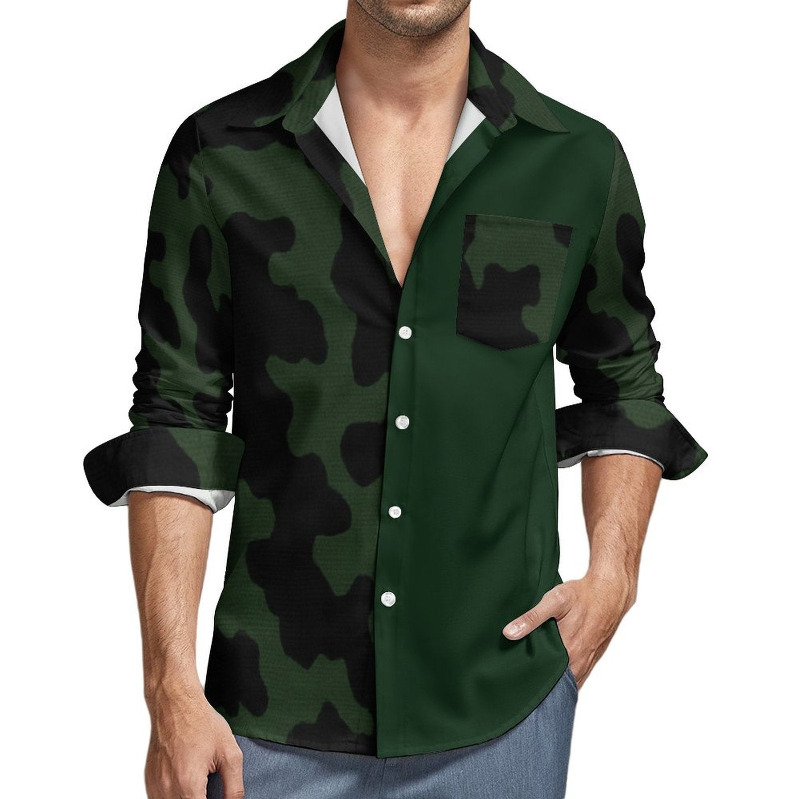 Side-pattern green camo men's long-sleeve V-neck button-up casual shirt