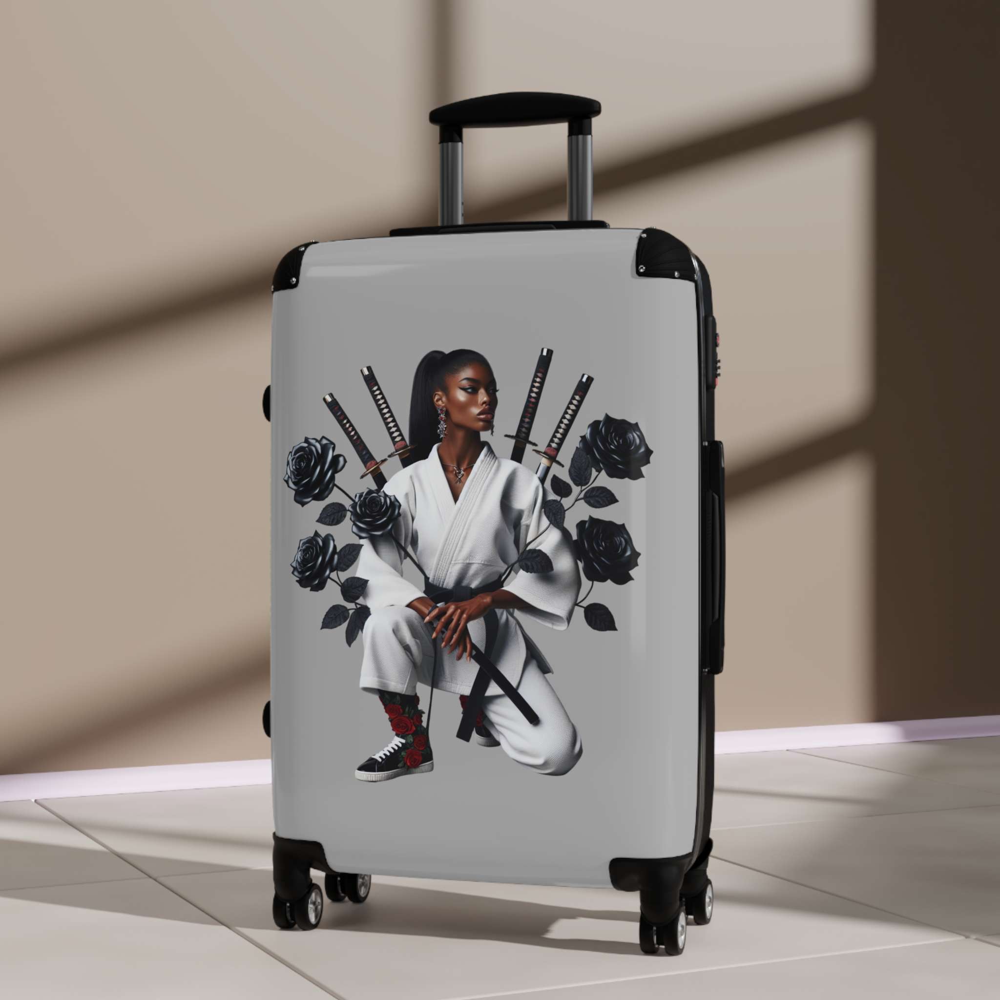 Gray carry-on suitcase with samurai-inspired floral print, hard shell and swivel wheels — additional view 12