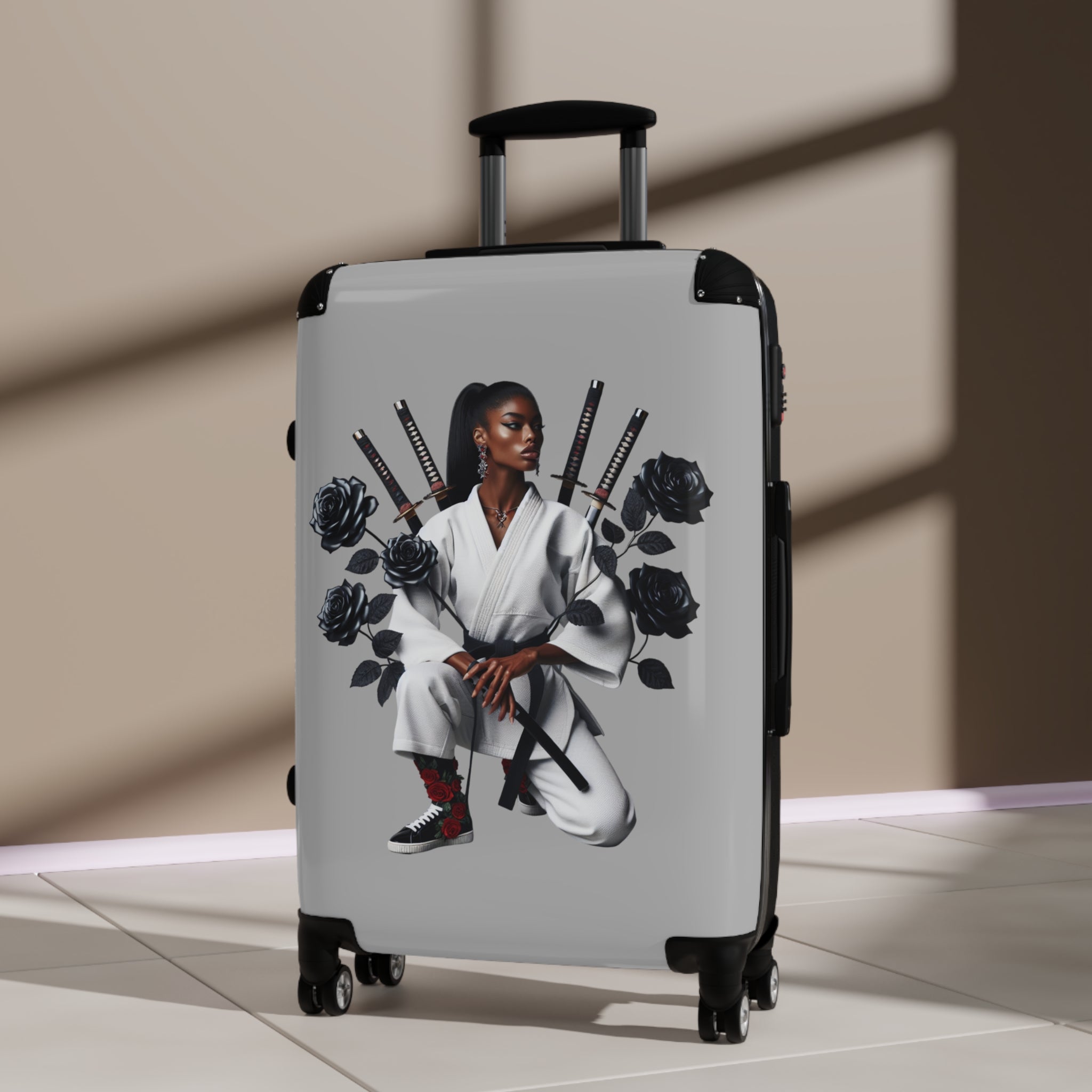 R&RH Elegant Samurai Style Grey Women's Suitcase with floral design