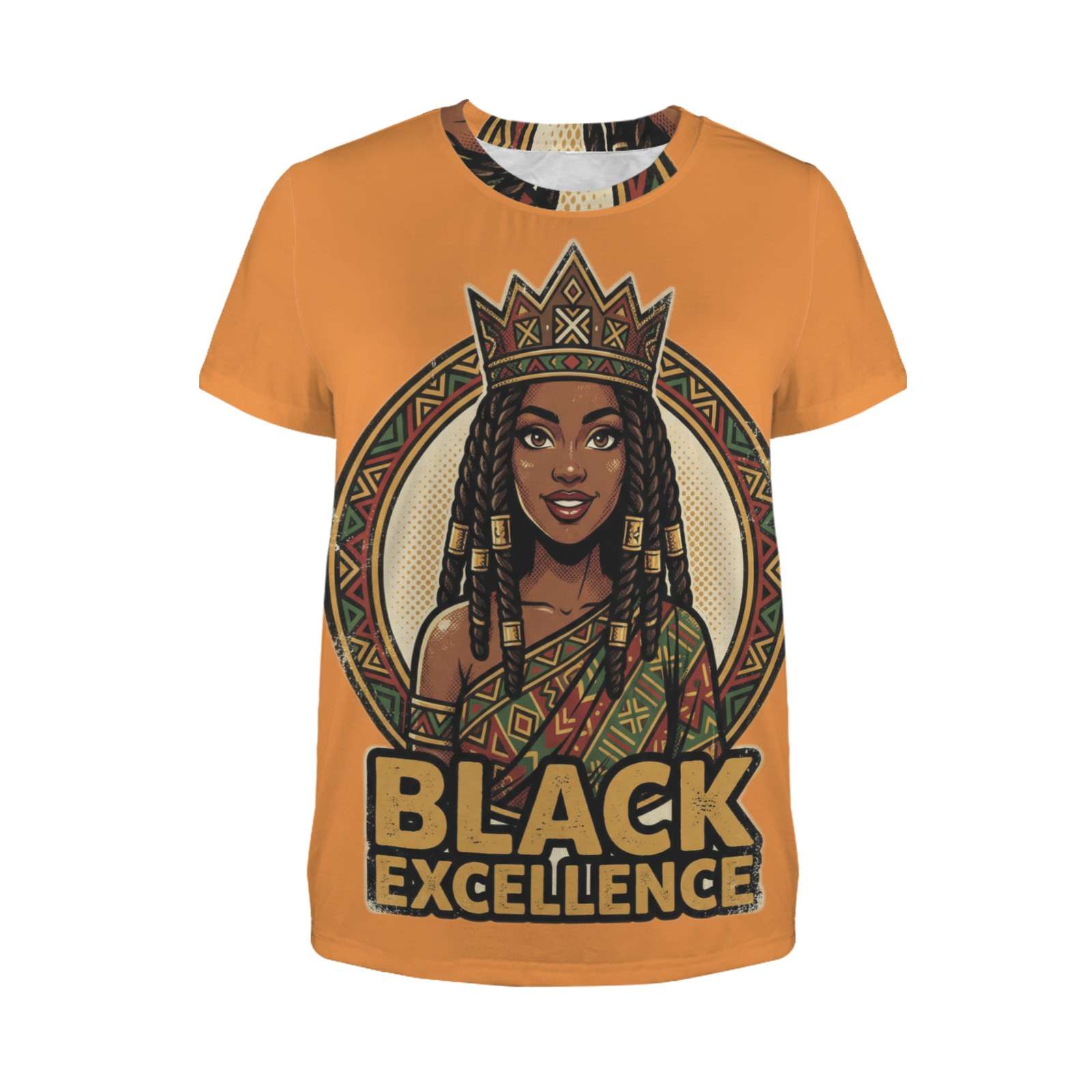 Women's orange crewneck T-shirt with Black Excellence graphic print — side view