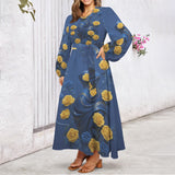 Yellow and blue roses long-sleeve belted maxi dress with round neck and side pockets — alternate view