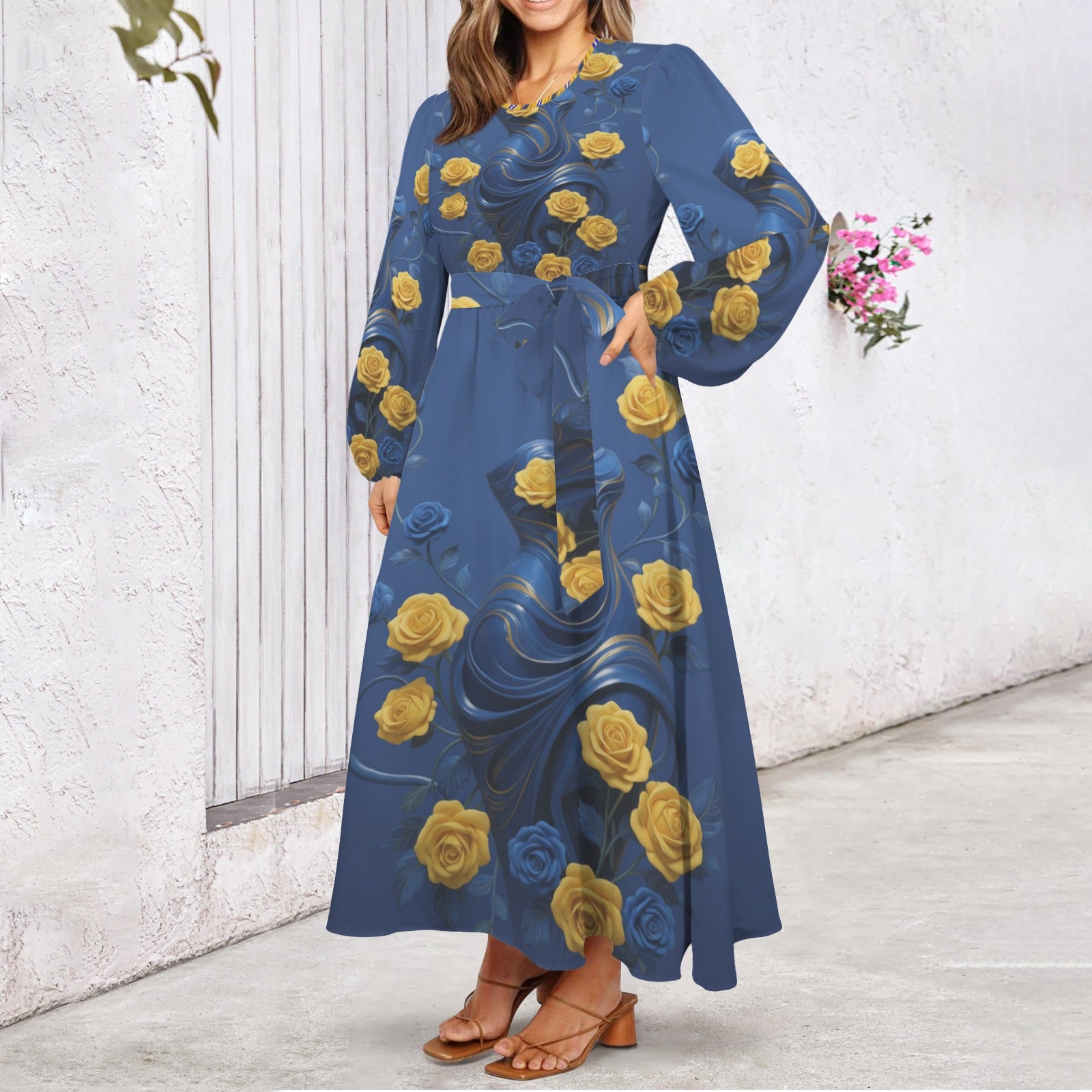 Yellow and blue roses long-sleeve belted maxi dress with round neck and side pockets — alternate view