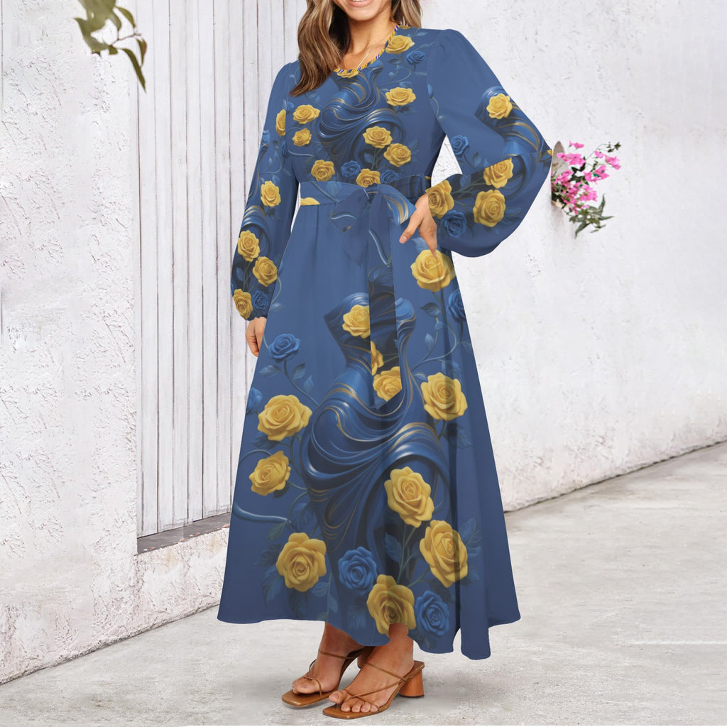 Rich and Rich Yellow Blue Roses Round Neck Long Sleeve Belted Maxi Dress with side pockets