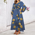 Rich and Rich Yellow Blue Roses Round Neck Long Sleeve Belted Maxi Dress with side pockets