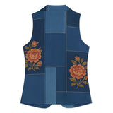 Blue floral geometric women's sleeveless blazer with turn-down collar and single-button closure — side view