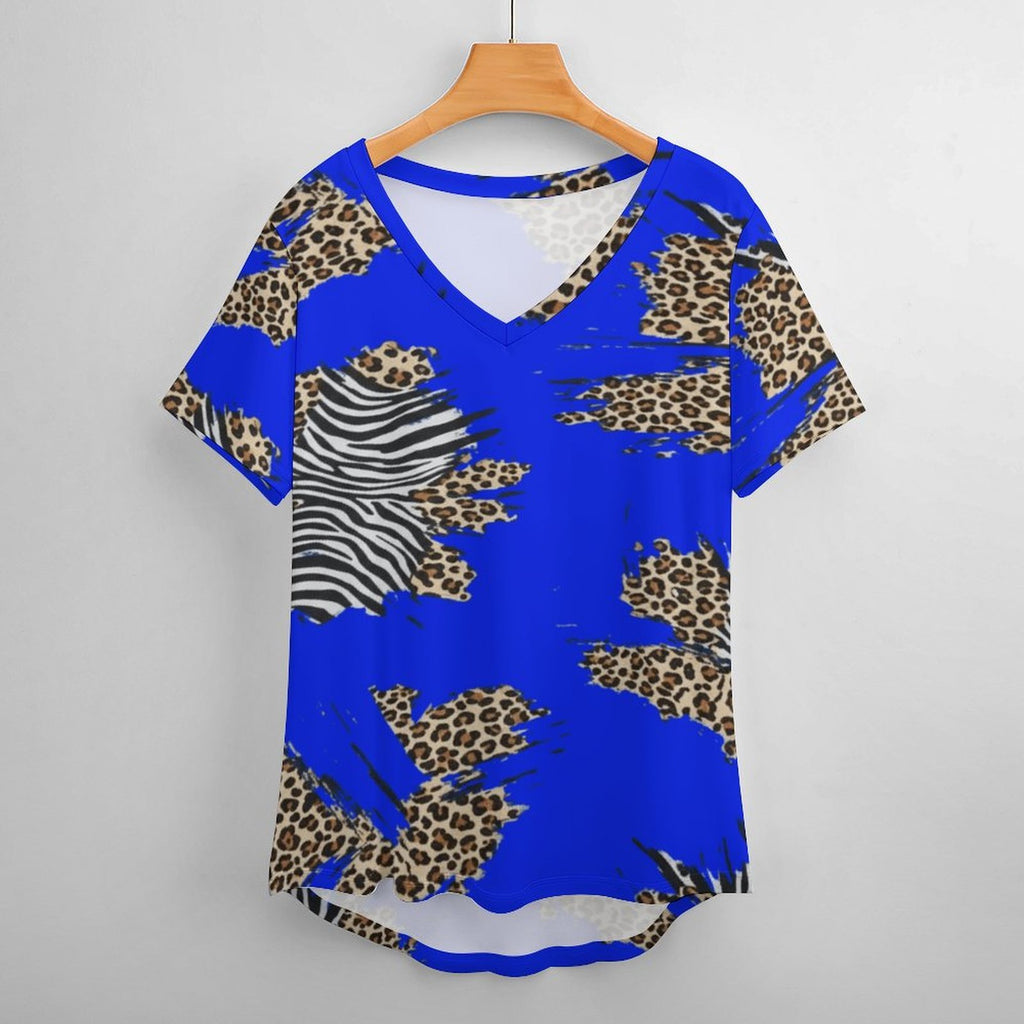 Rich and Rich Royal Blue Animal Print Women's Short-Sleeve V-Neck T-Shirt