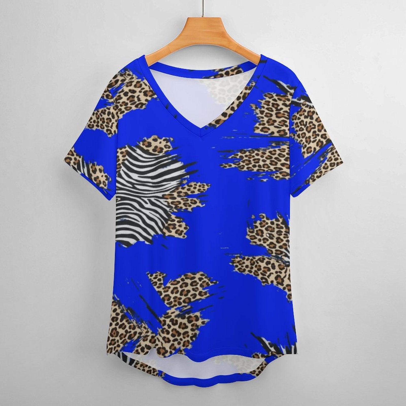 Rich and Rich Royal Blue Animal Print Women's Short-Sleeve V-Neck T-Shirt