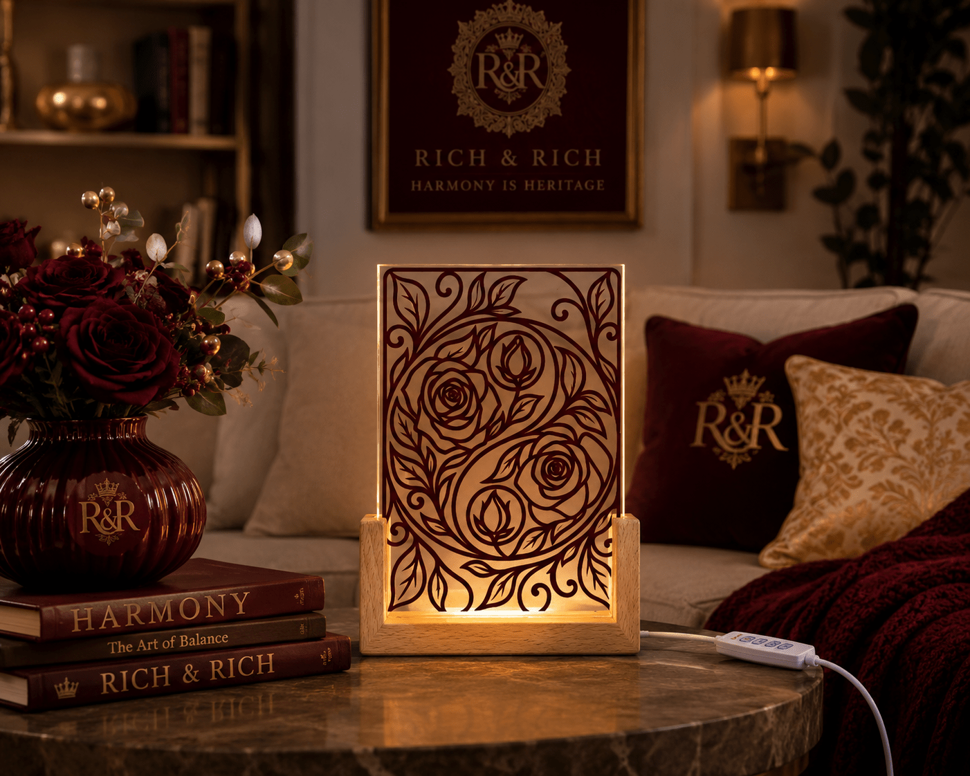 Rich and Rich Harmony Heritage Burgundy Floral Yin-Yang Acrylic Night - Rich and Rich Homeopportunities