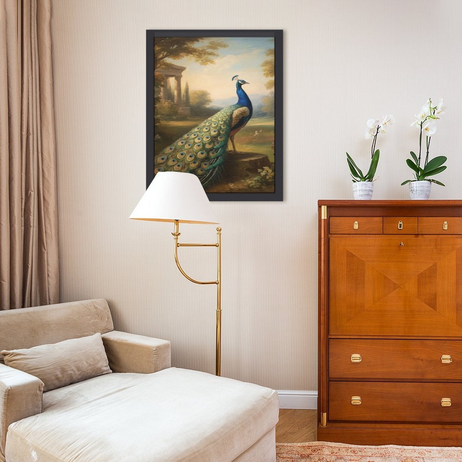 Rich and Rich Peacock Home Wooden Frame Painting with vibrant peacock design 30x40cm