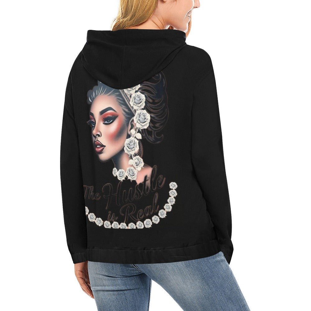 White roses all-over print women's hoodie with kangaroo pocket and pronounced cuffs — product detail
