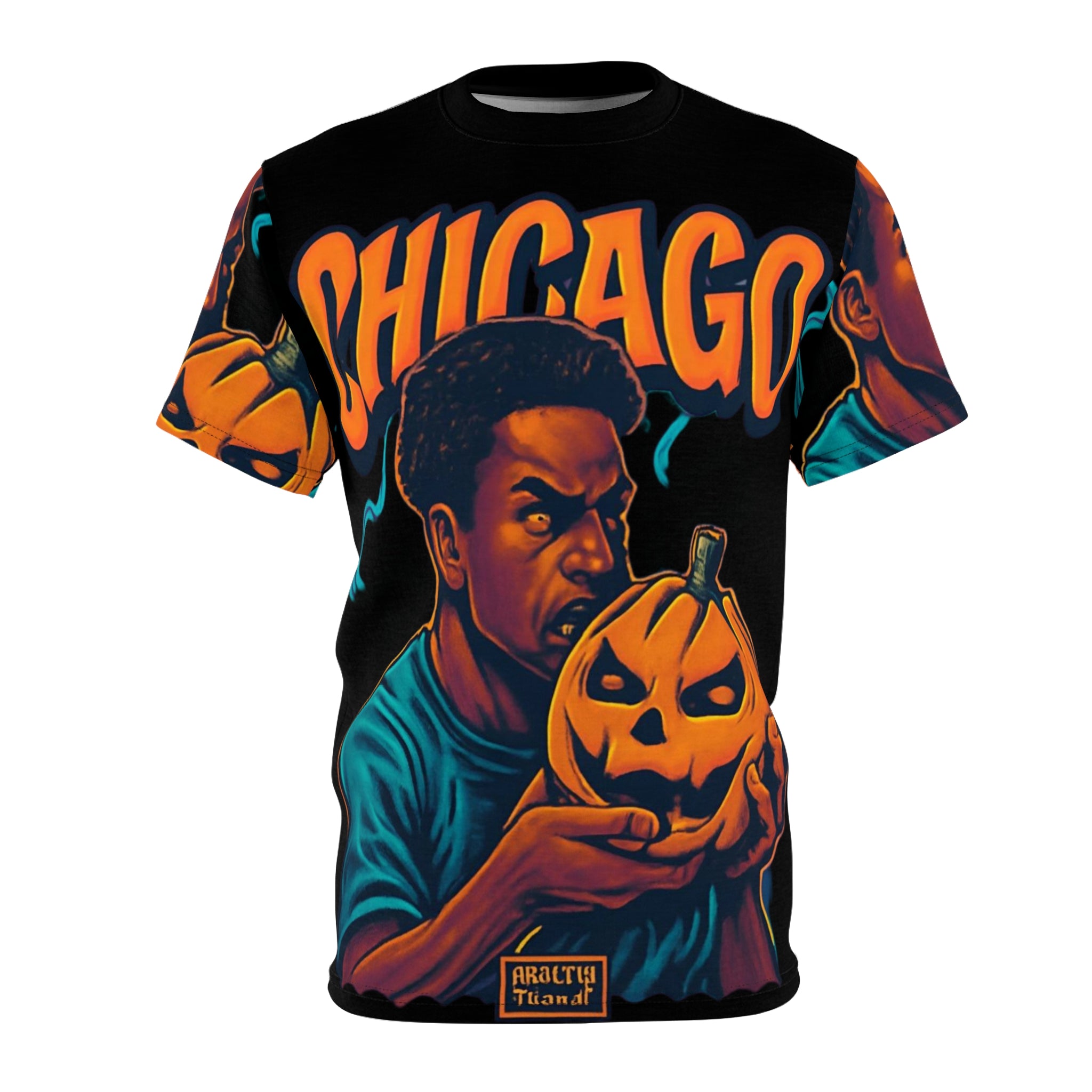 Unisex tee with Chicago-inspired spooky all-over print, crew neck and regular fit assembled in the USA — alternate view