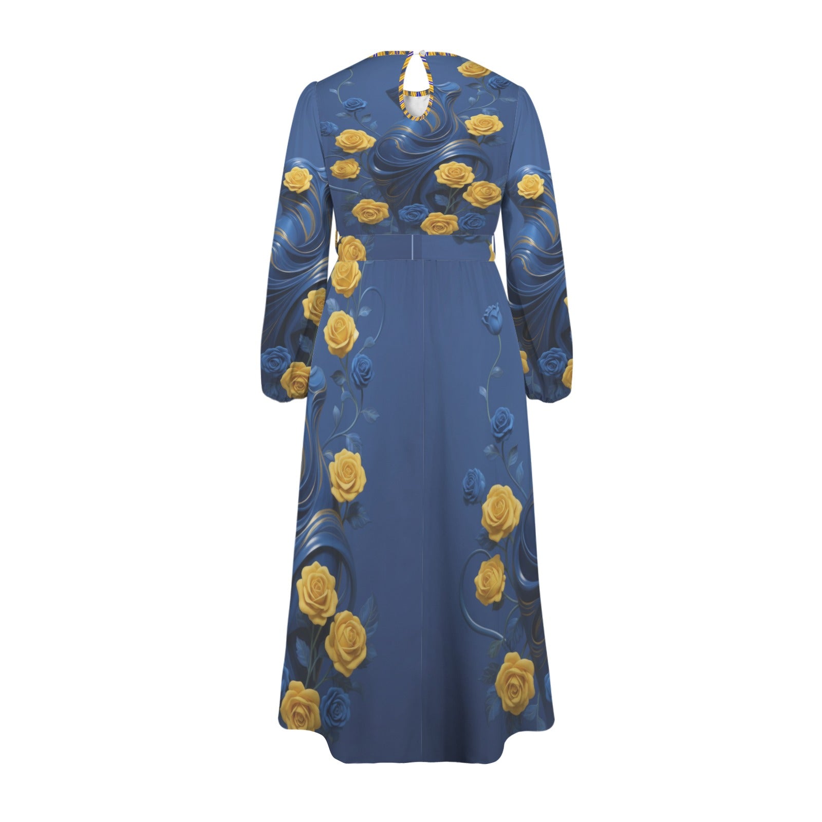Yellow and blue roses long-sleeve belted maxi dress with round neck and side pockets — additional view 6