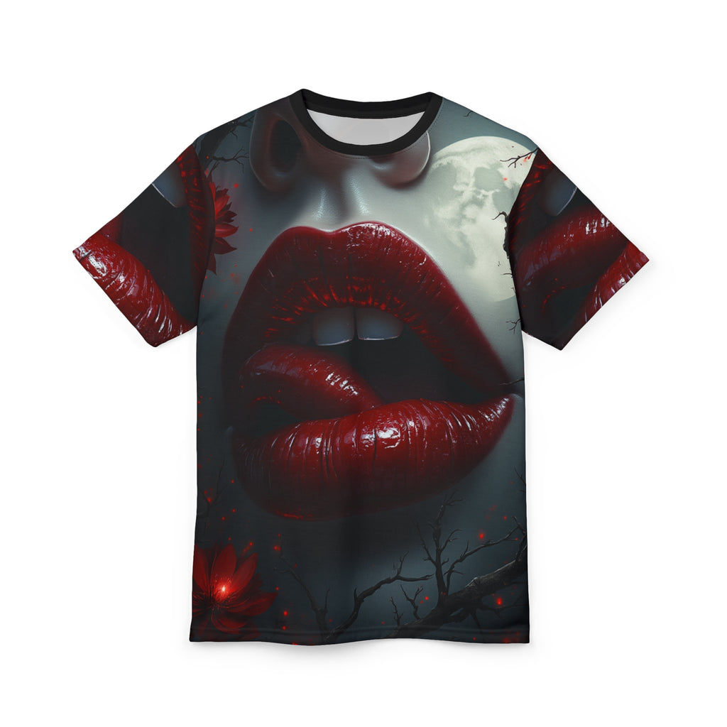 Vampire Kiss Unisex Graphic T-Shirt with edgy gothic vampire design, perfect for Halloween and alternative fashion