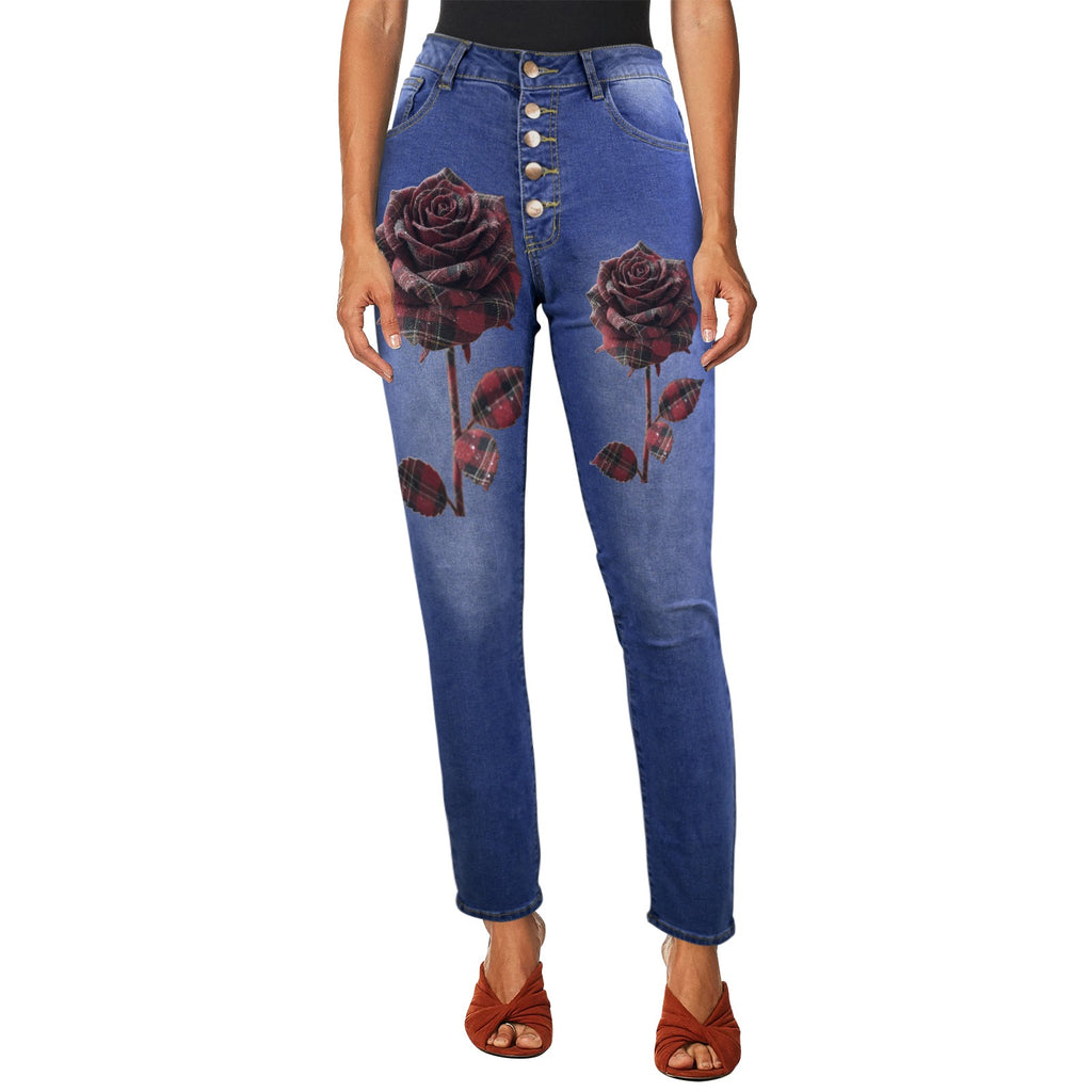Rich and Rich Red Plaid Rose Women's Jeans Women's Jeans (Front Printing) (Model L75)