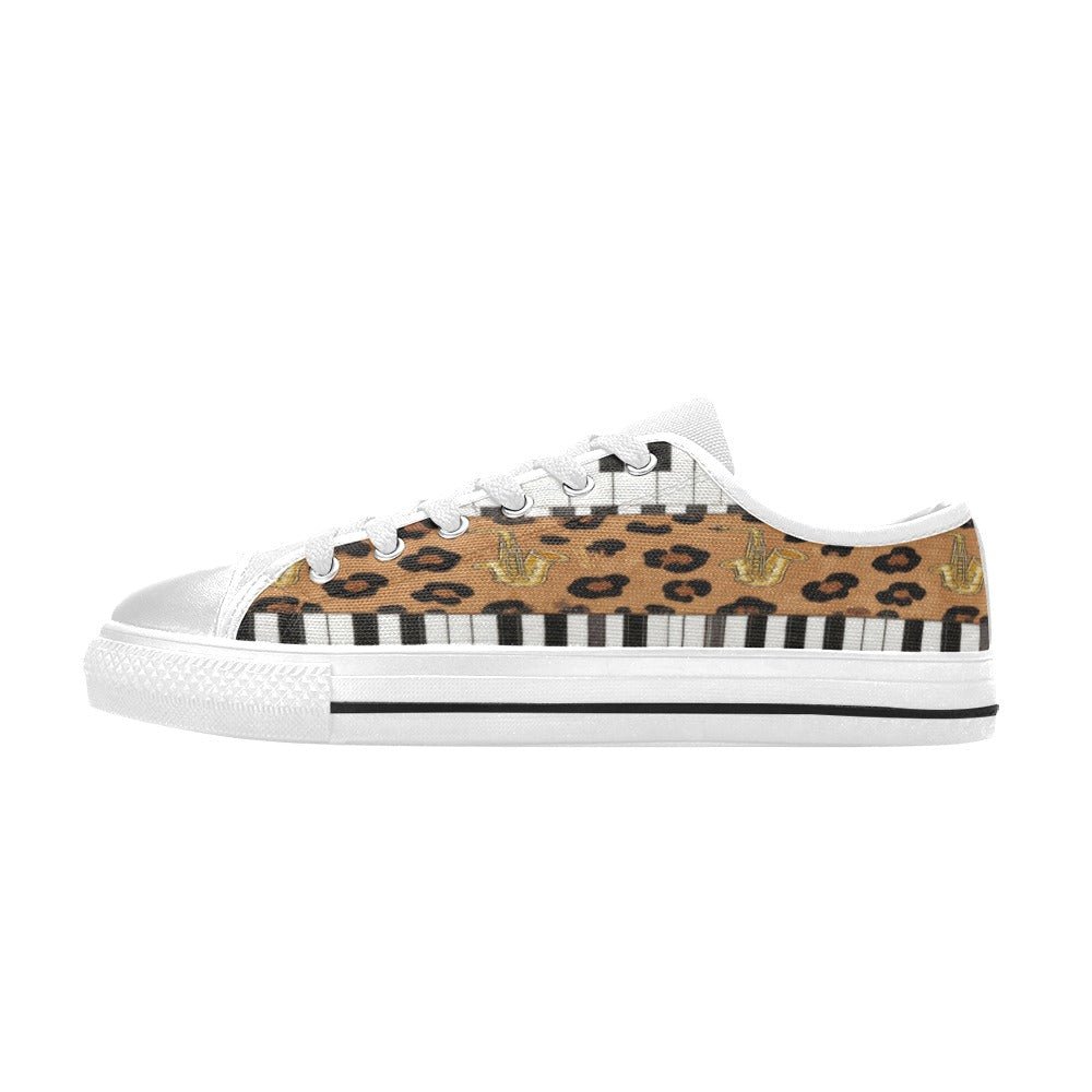 Men’s brown animal-print low-top sneakers with piano and saxophone artwork and streetwear styling — additional view 9