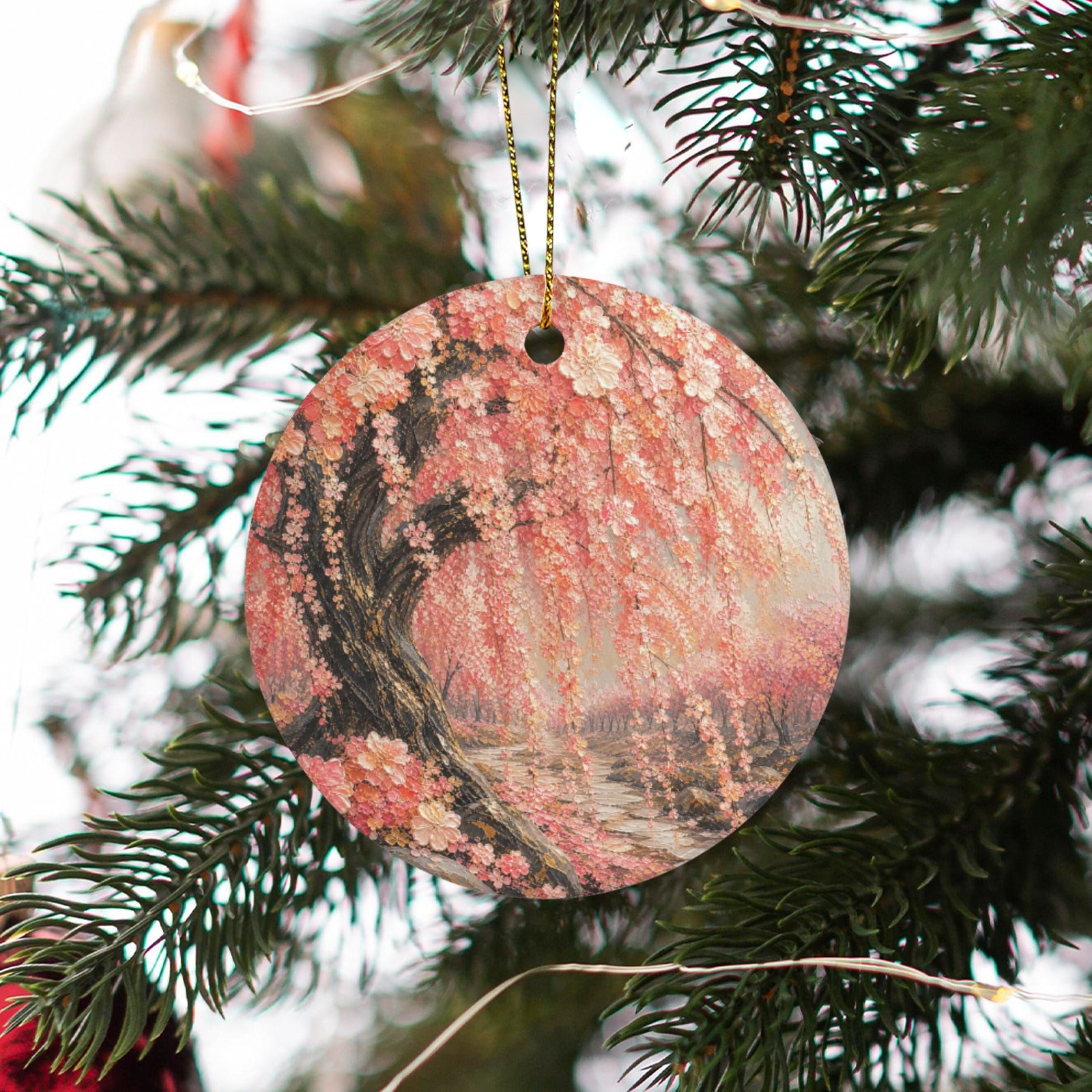 Japanese Pinkish Red Cherry Blossom Painting Ceramic Round Ceramic Ornament