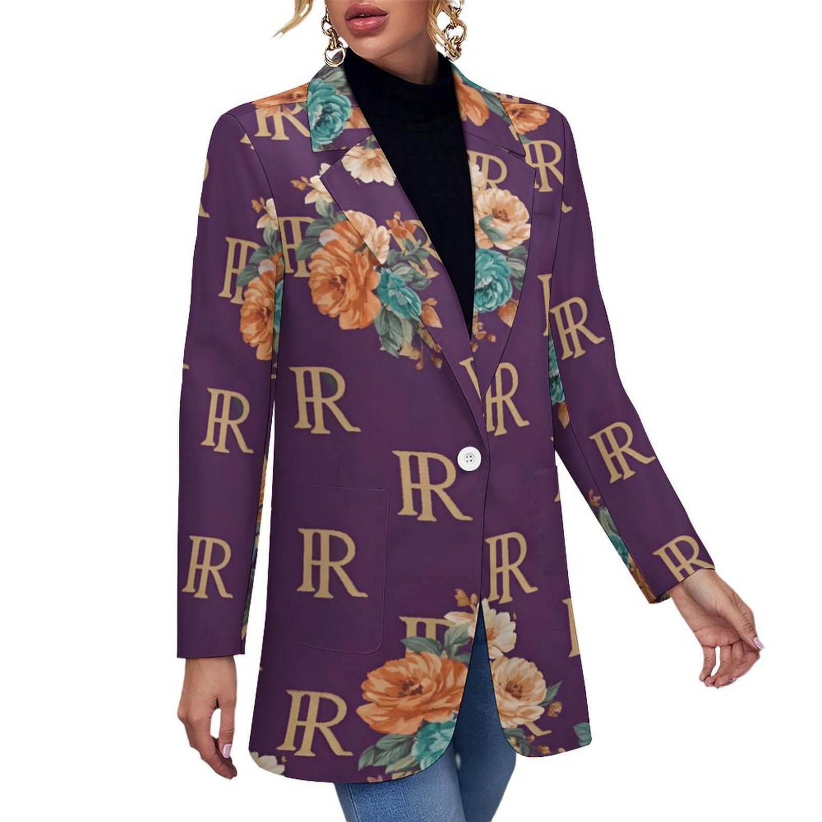 Purple women's casual suit blazer with flat lapel and two front pockets — alternate view