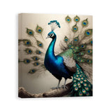 Vertical peacock canvas painting in blue and green tones, hand-framed 20×24 inches